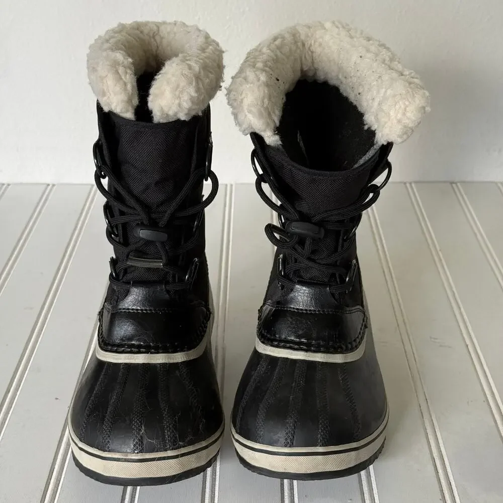Sorel youth size 4 cream-colored sherpa black waterproof nylon snow boots